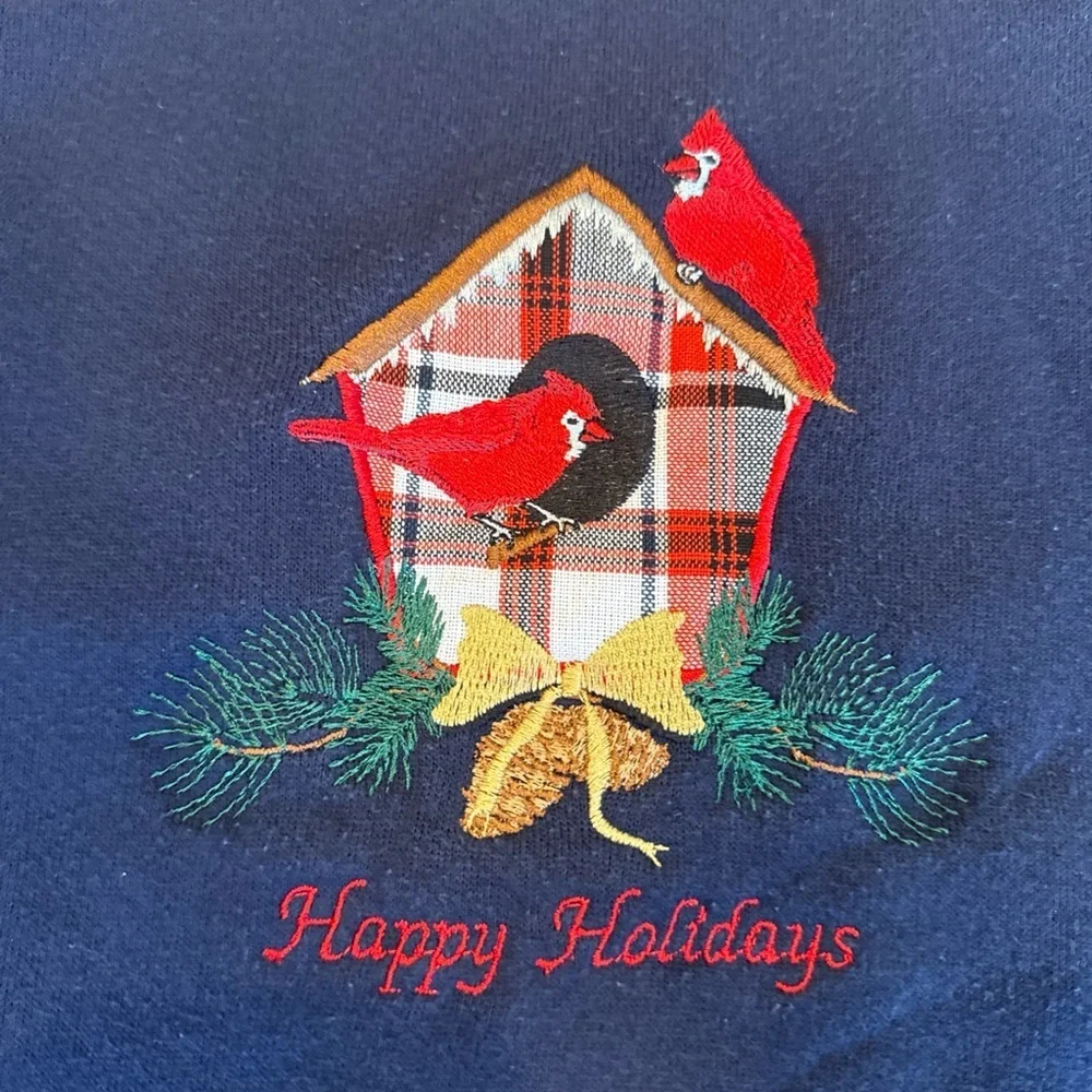 VTG 90s Red Cardinal Sweater Womens Large Navy Crewneck Sweatshirt Embroidery - Picture 3 of 6